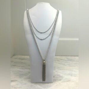 Lucky Brand multi strand long chain silver necklace with gold tassel